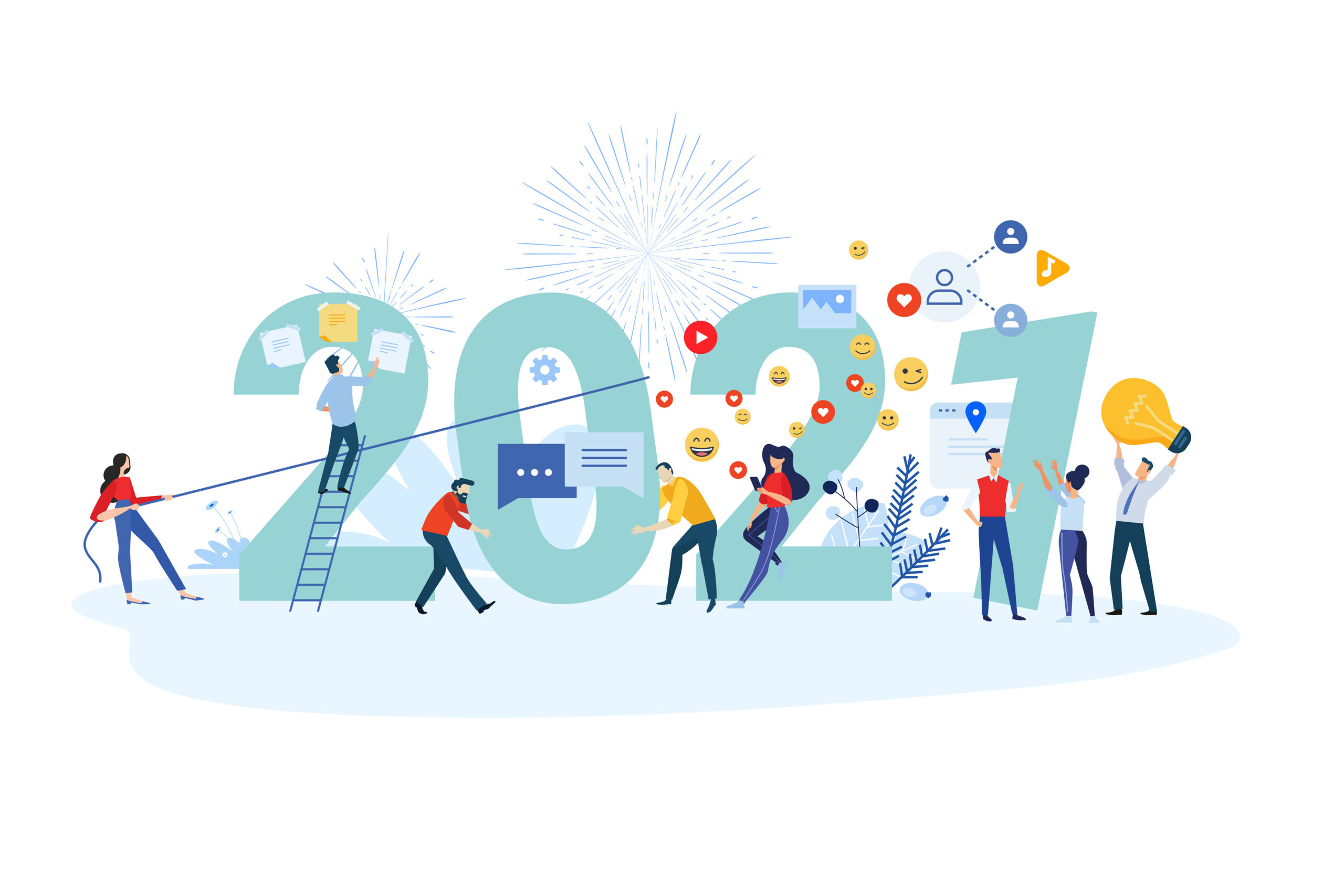 Green Stick Marketing, INC How To Get Your Business To Bounce Back In 2021 New Year 2021. Vector illustration concept for greeting card, website and mobile website banner, background, business presentation, social media banner, marketing material.